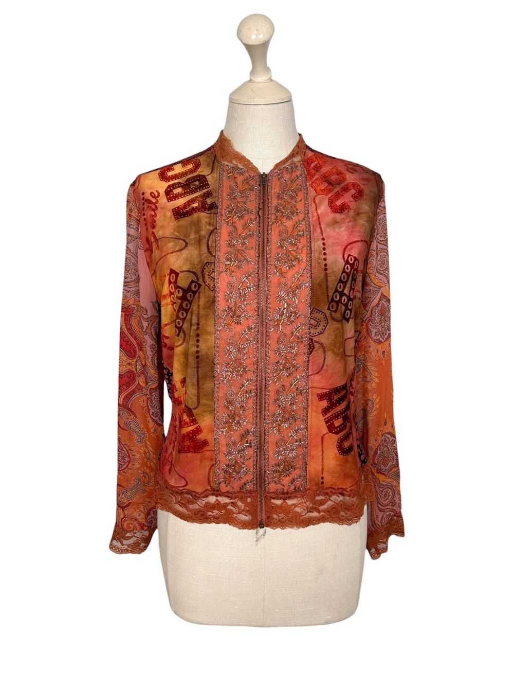 Jaipur Y2K Beaded Orange Paisley Mesh Zip-Up Jacket